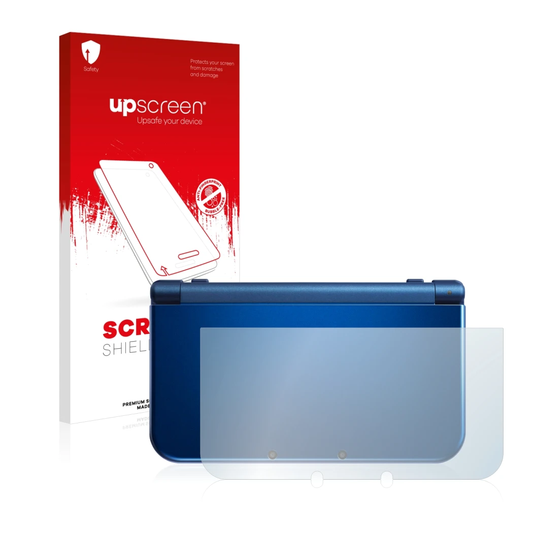 Front side of a product packaging with the brand logo upscreen. Next to it is the device Nintendo New 3DS XL (housing) shown w