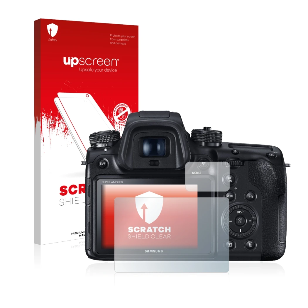 Front side of a product packaging with the brand logo upscreen. Next to it is the device Samsung NX1 shown with the correspond