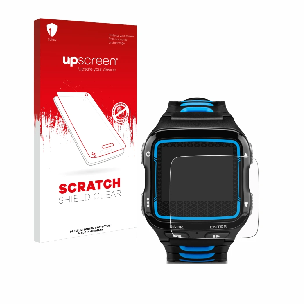 Front side of a product packaging with the brand logo upscreen. Next to it is the device Garmin Forerunner 920XT shown with th