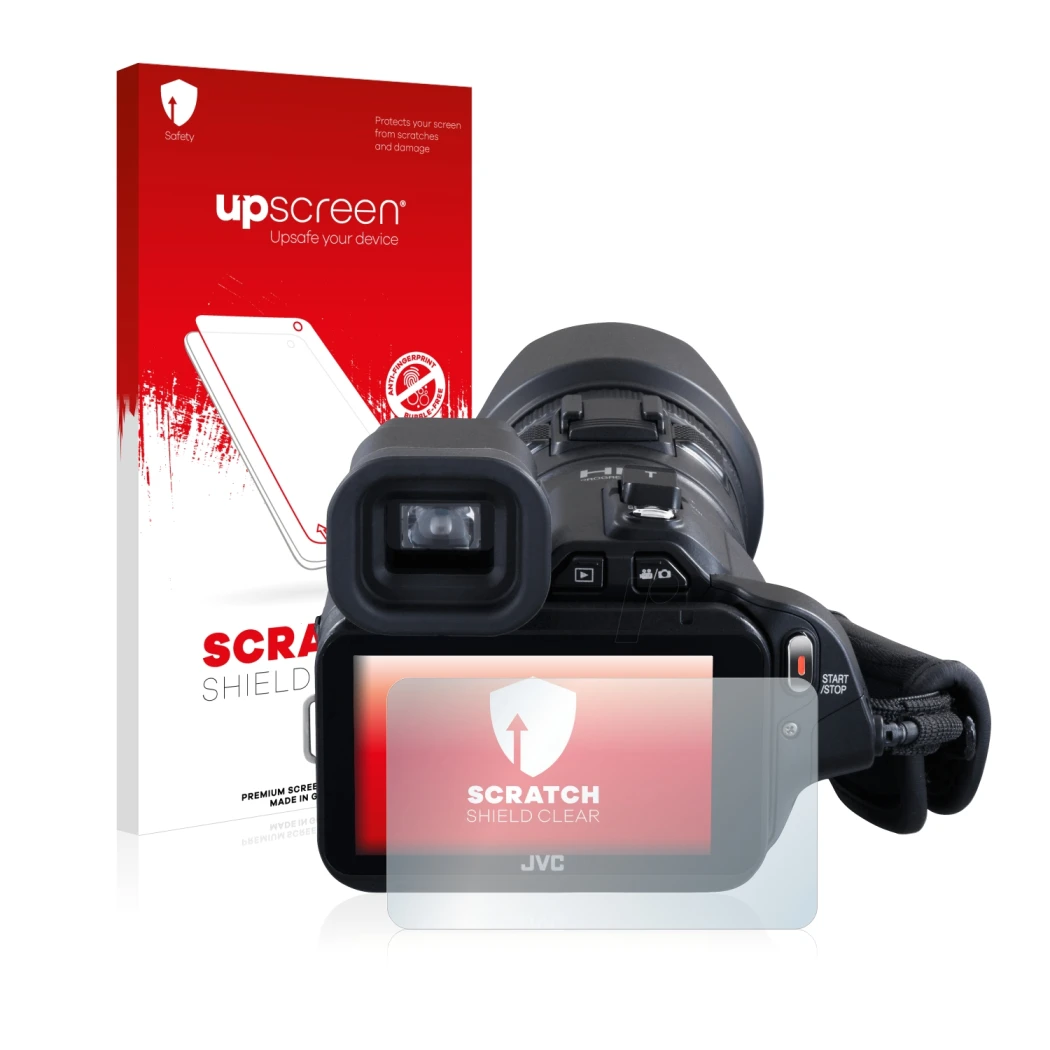 Front side of a product packaging with the brand logo upscreen. Next to it is the device JVC GC-PX100BEU shown with the corres