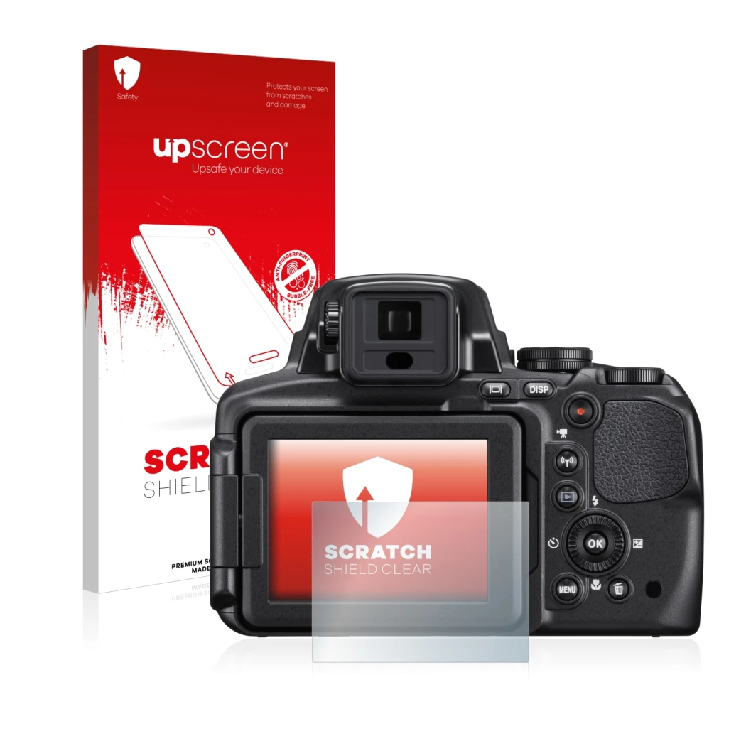 Front side of a product packaging with the brand logo upscreen. Next to it is the device Nikon Coolpix P900 shown with the cor