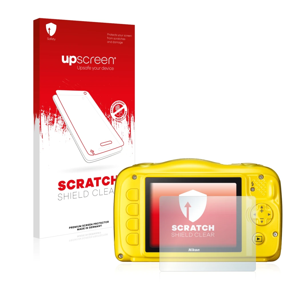 Front side of a product packaging with the brand logo upscreen. Next to it is the device Nikon Coolpix S33 shown with the corr