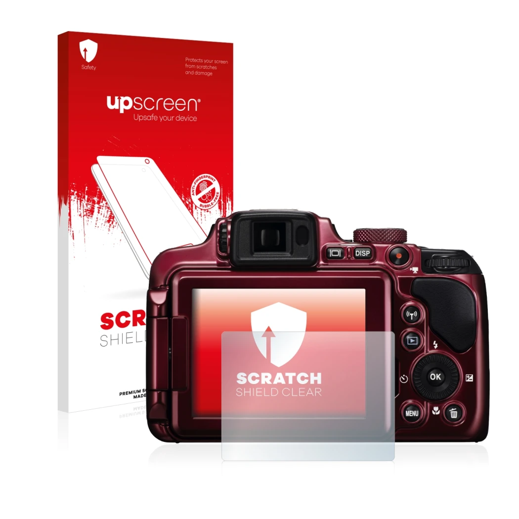Front side of a product packaging with the brand logo upscreen. Next to it is the device Nikon Coolpix P610 shown with the cor
