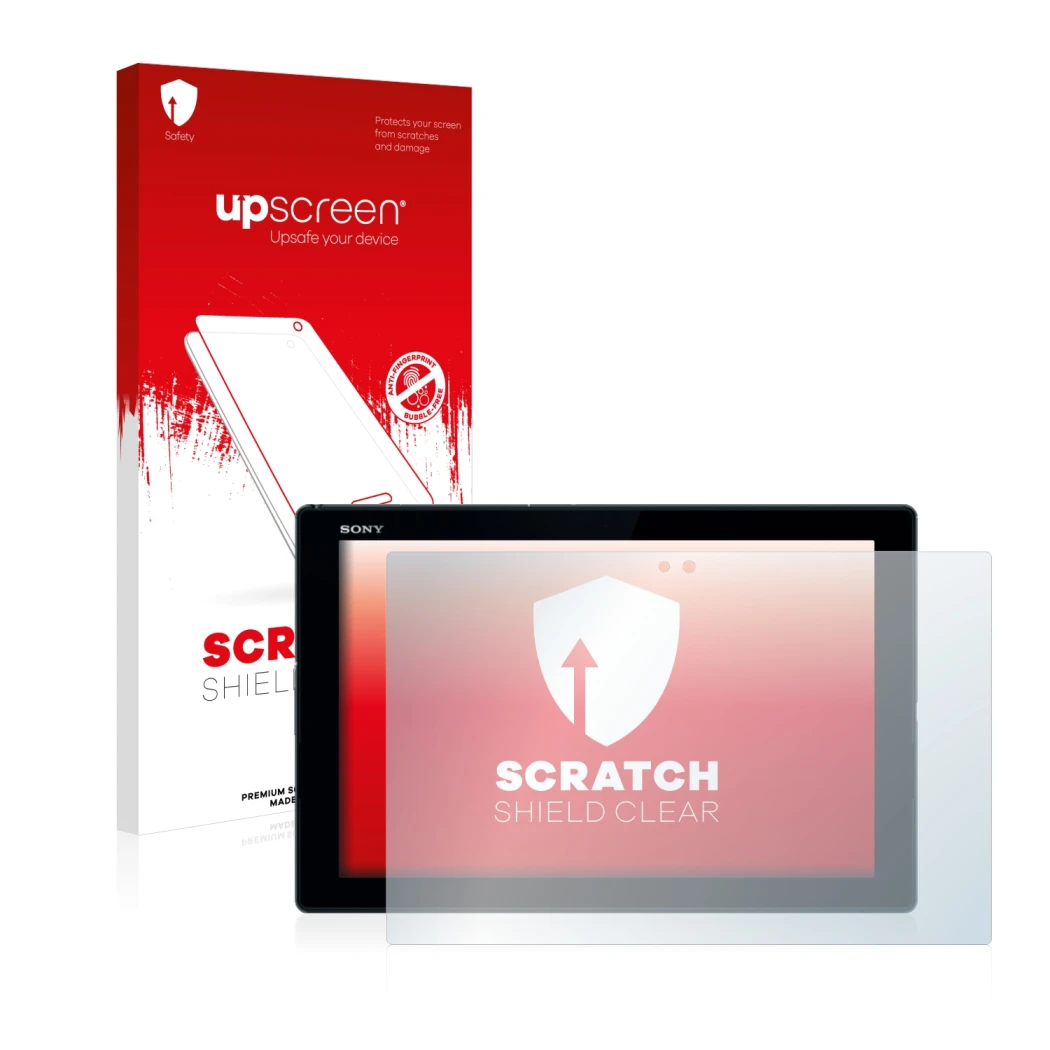 Front side of a product packaging with the brand logo upscreen. Next to it is the device Sony Xperia Z4 Tablet shown with the 