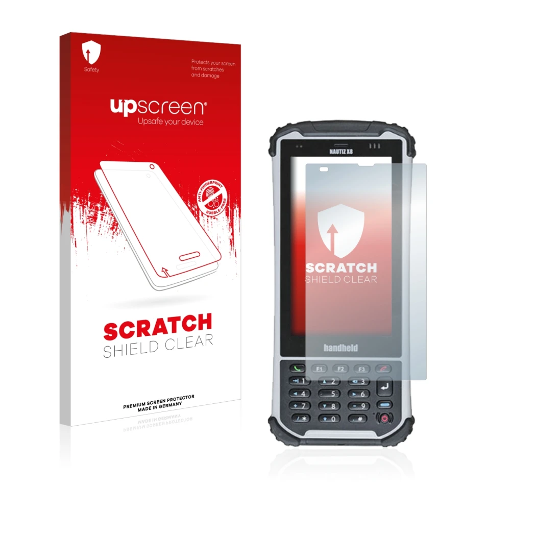 Front side of a product packaging with the brand logo upscreen. Next to it is the device Handheld Nautiz X8 shown with the cor