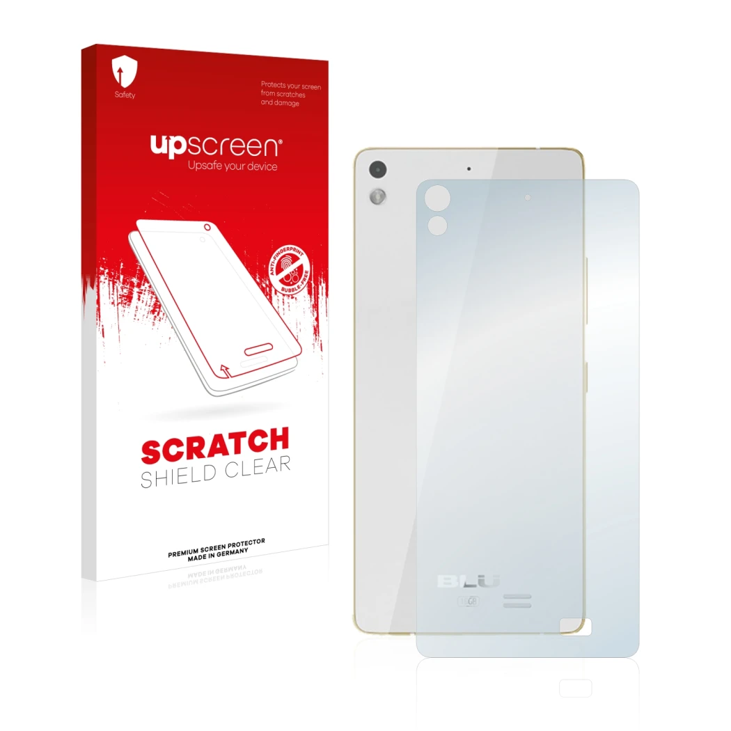 Front side of a product packaging with the brand logo upscreen. Next to it is the device BLU Vivo Air (Back) shown with the co