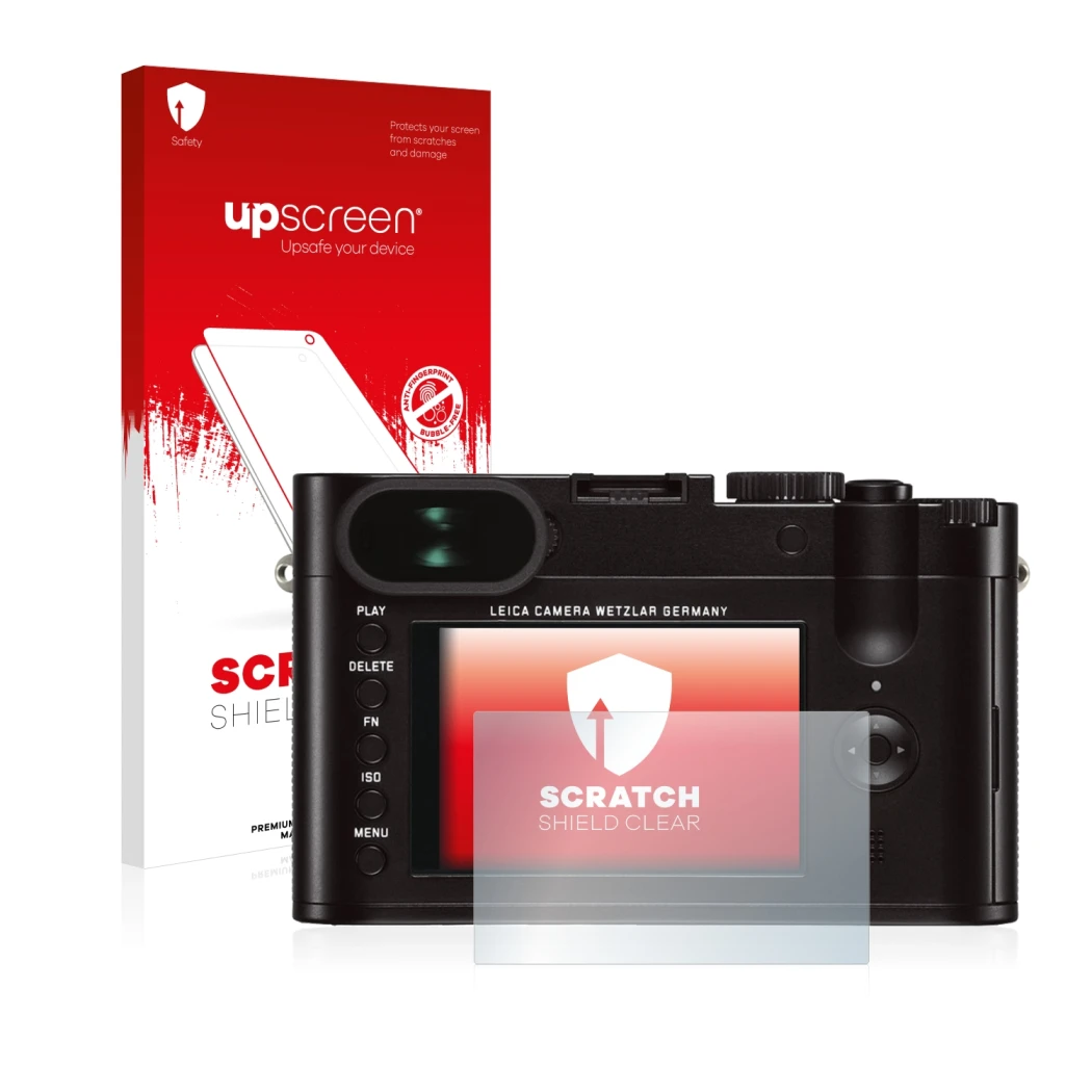Front side of a product packaging with the brand logo upscreen. Next to it is the device Leica Q (Typ 116) shown with the corr