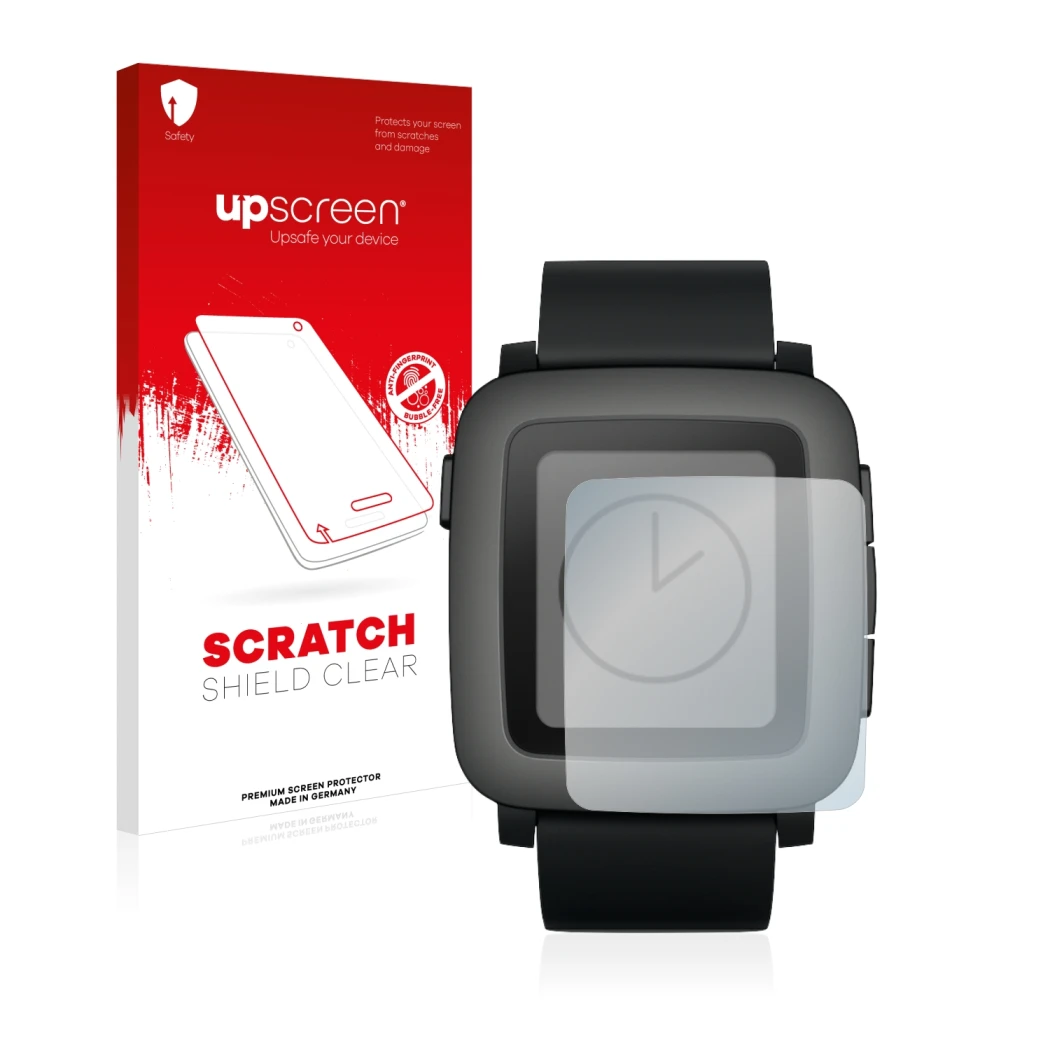 Front side of a product packaging with the brand logo upscreen. Next to it is the device Pebble Time shown with the correspond
