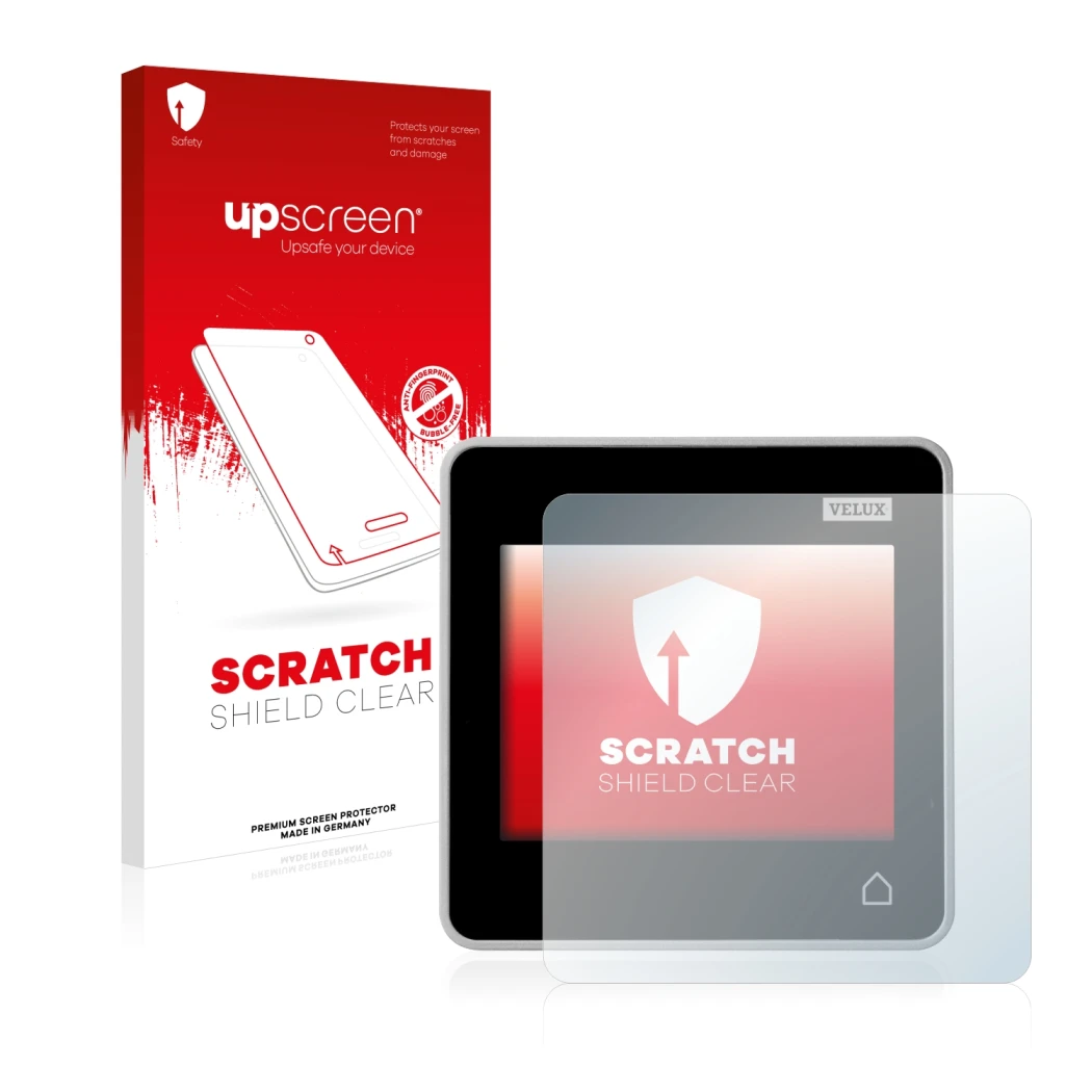 Front side of a product packaging with the brand logo upscreen. Next to it is the device Velux Integra Control Pad KLR 200 sho
