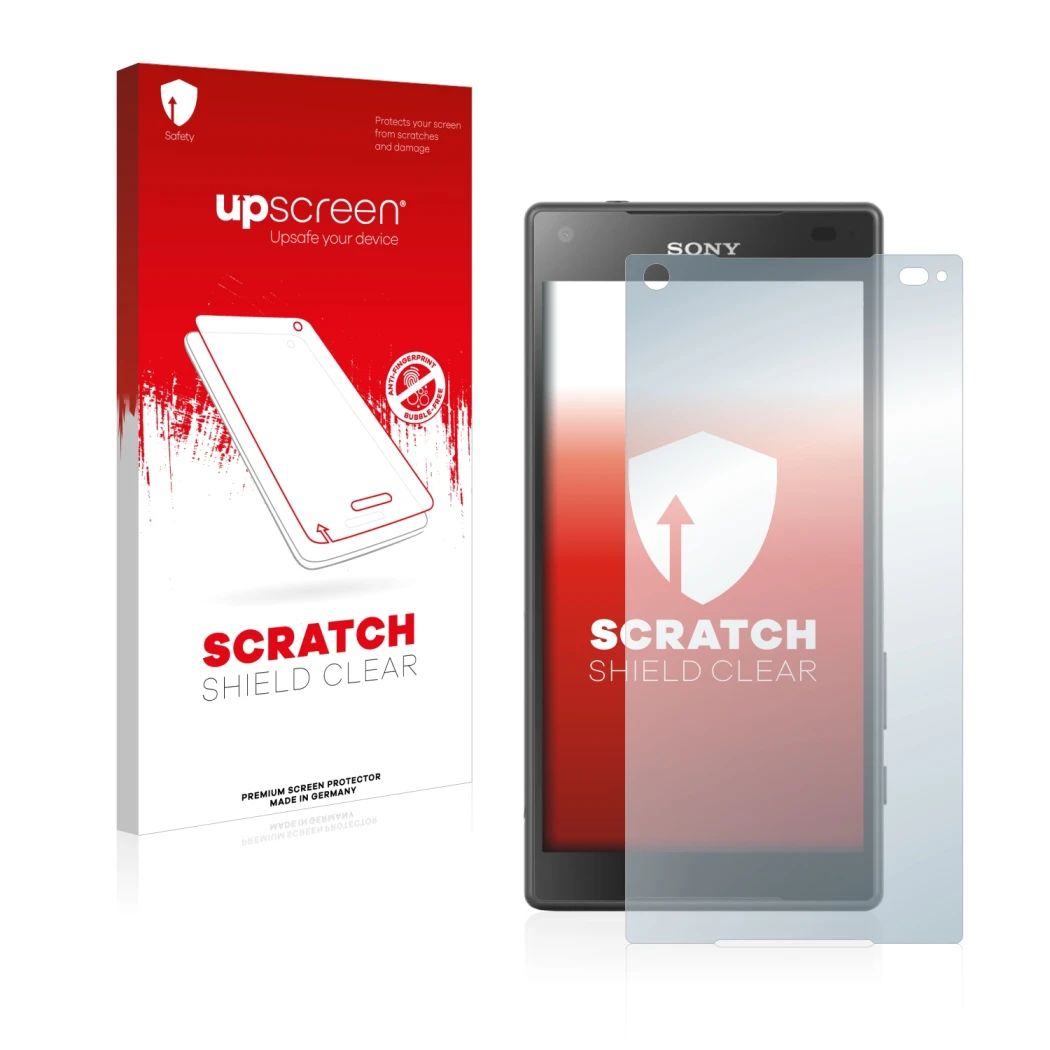 Front side of a product packaging with the brand logo upscreen. Next to it is the device Sony Xperia Z5 Compact shown with the