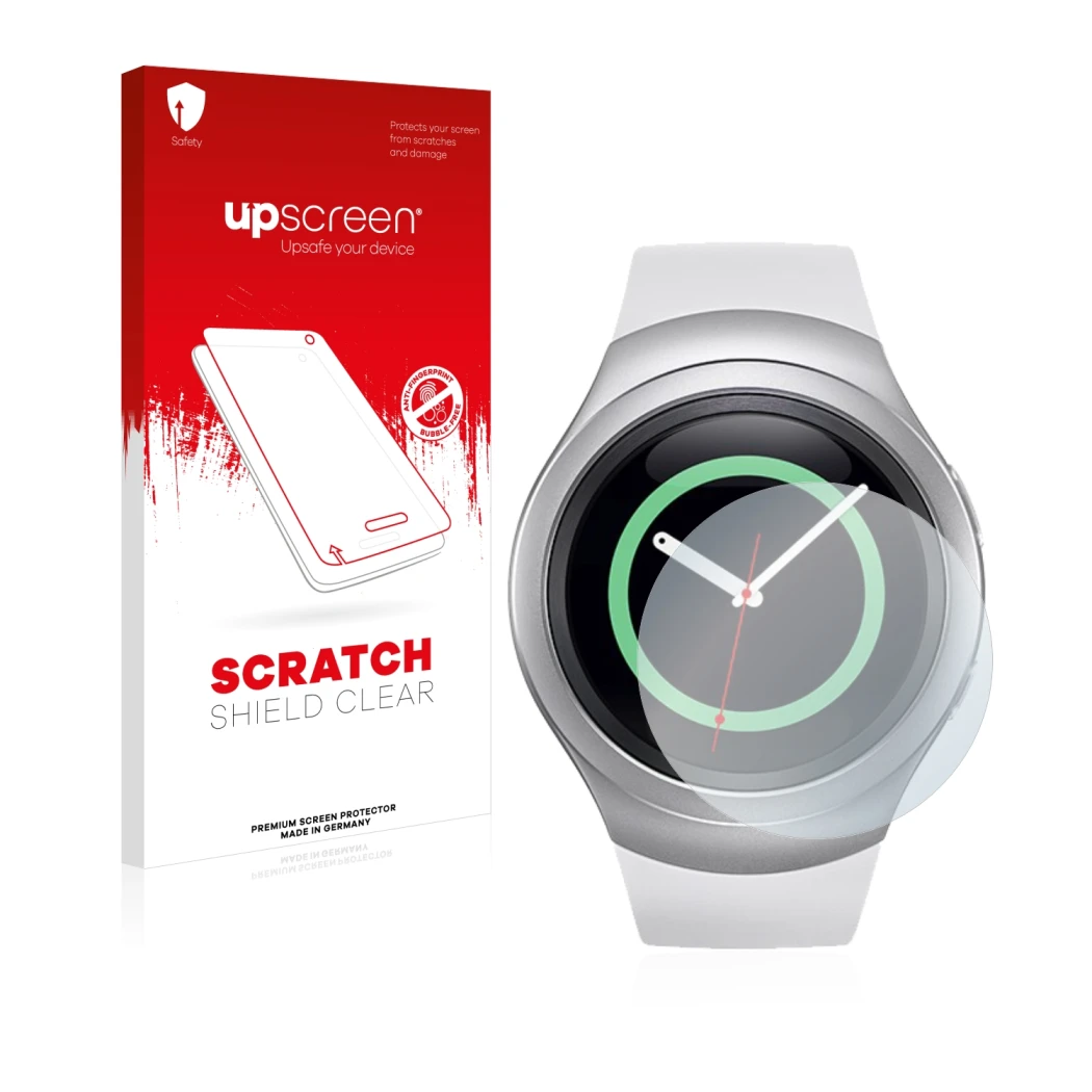 Front side of a product packaging with the brand logo upscreen. Next to it is the device Samsung Gear S2 shown with the corres