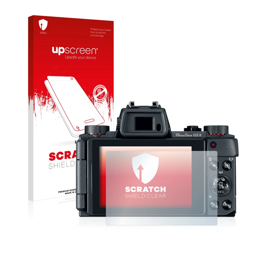 Front side of a product packaging with the brand logo upscreen. Next to it is the device Canon PowerShot G5 X shown with the c