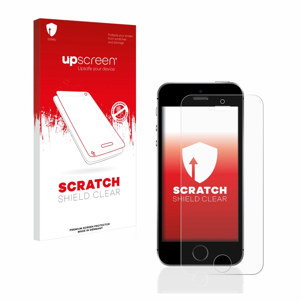 Front side of a product packaging with the brand logo upscreen. Next to it is the device Apple iPhone SE 2016 shown with the c