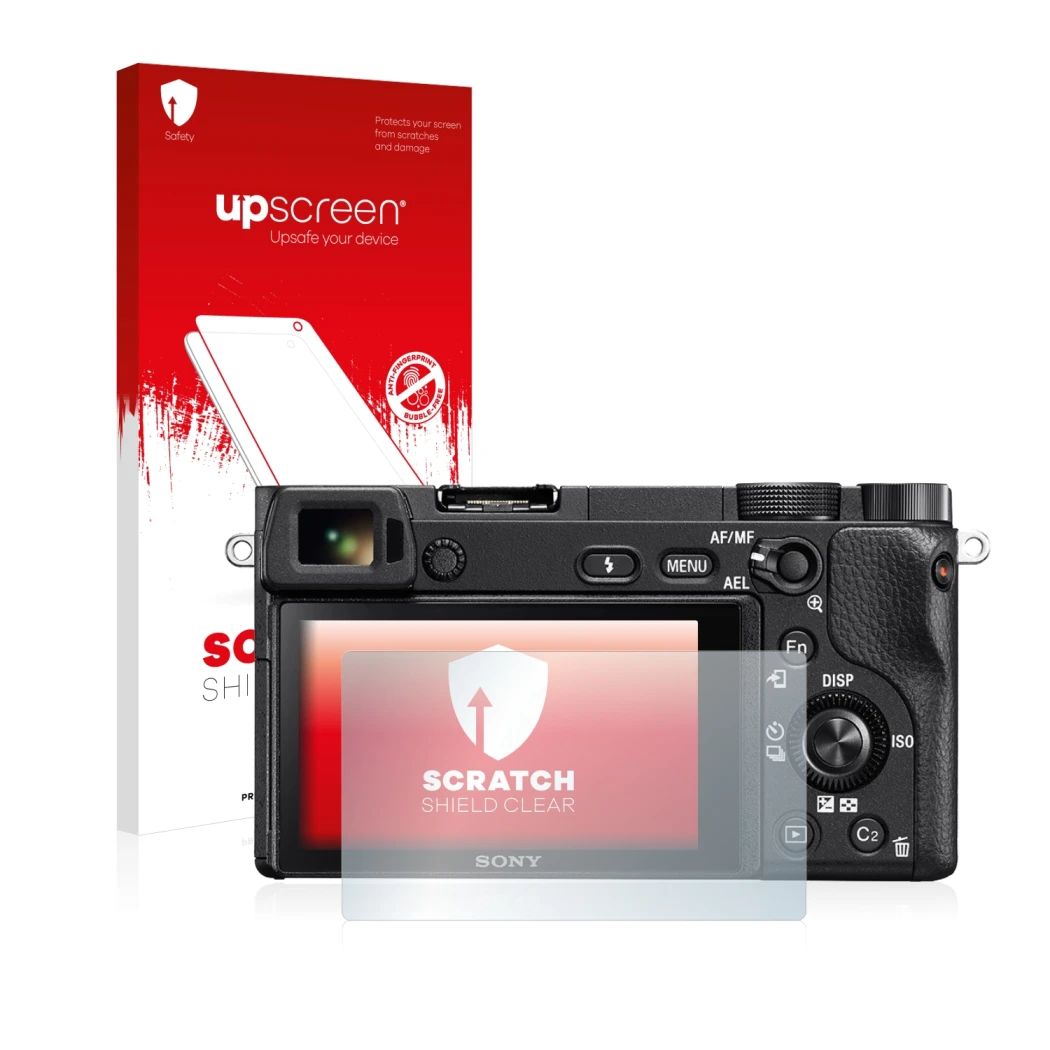 Front side of a product packaging with the brand logo upscreen. Next to it is the device Sony Alpha 6300 shown with the corres