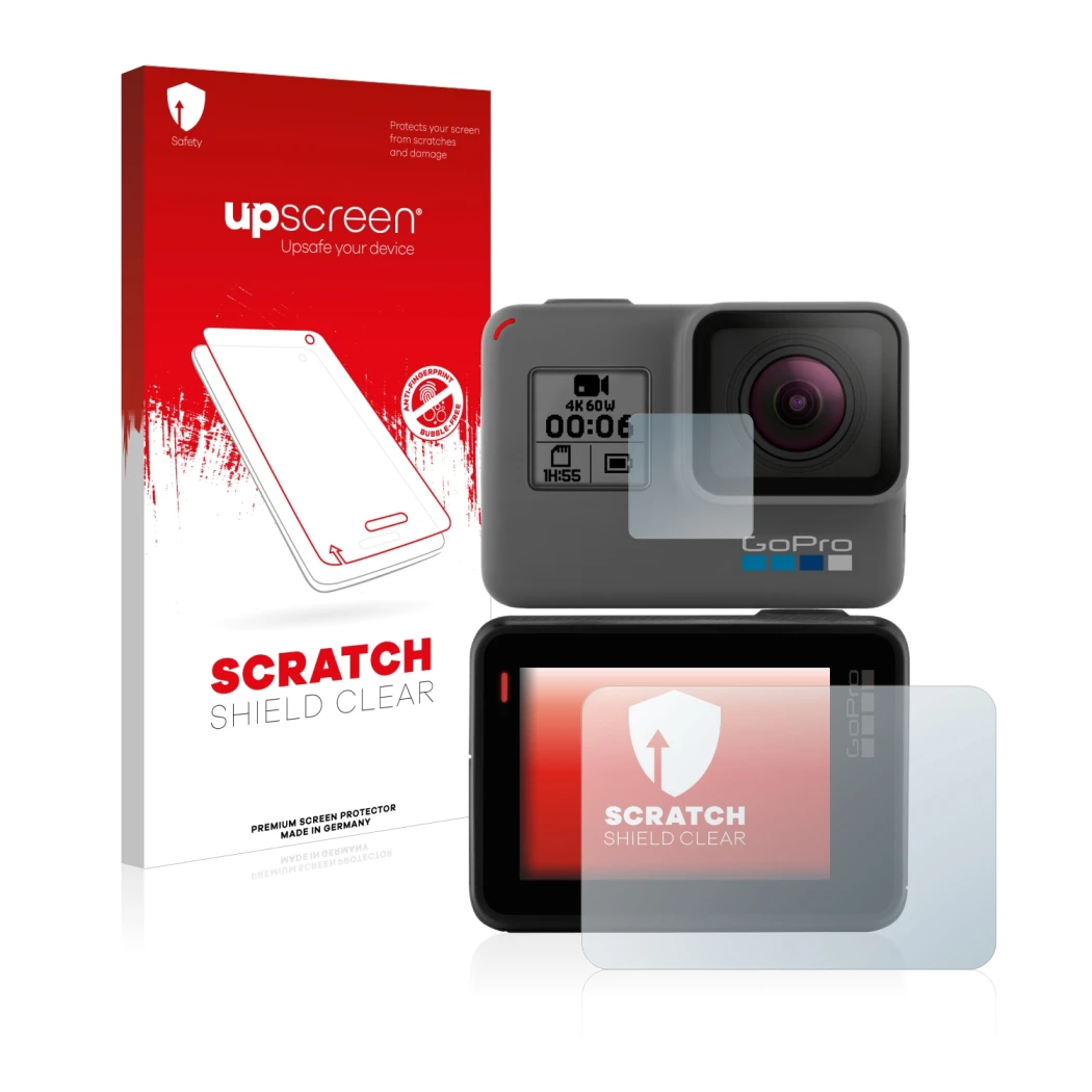 Front side of a product packaging with the brand logo upscreen. Next to it is the device GoPro Hero 5 Black shown with the cor