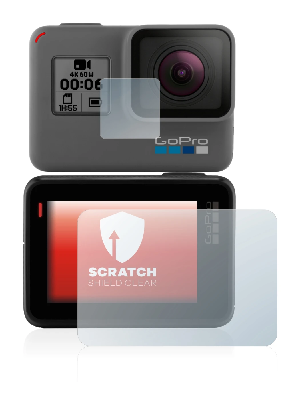 Image of the device GoPro Hero 5 Black with a wide variety of screen protectors.