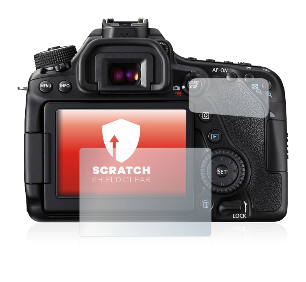 Image of the device Canon EOS 80D with a wide variety of screen protectors.