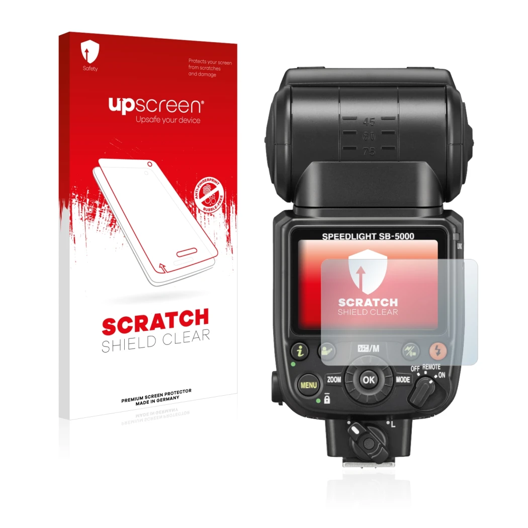 Front side of a product packaging with the brand logo upscreen. Next to it is the device Nikon SB-5000 shown with the correspo