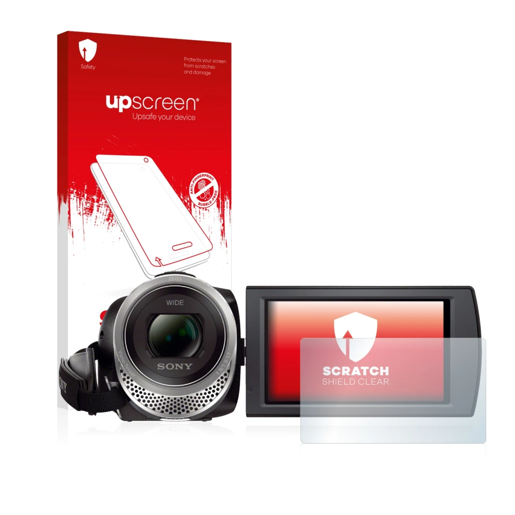 Front side of a product packaging with the brand logo upscreen. Next to it is the device Sony FDR-AX53 shown with the correspo