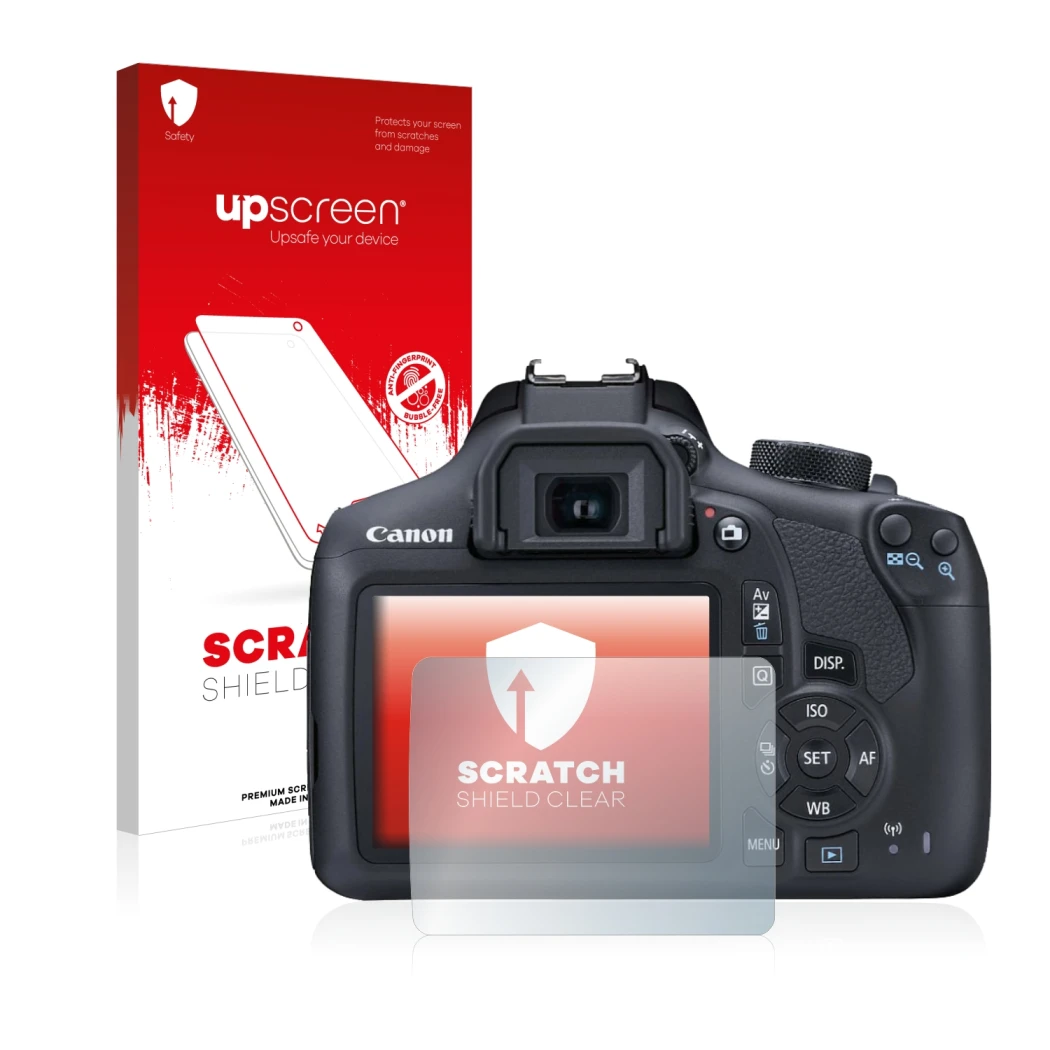 Front side of a product packaging with the brand logo upscreen. Next to it is the device Canon EOS 1300D shown with the corres