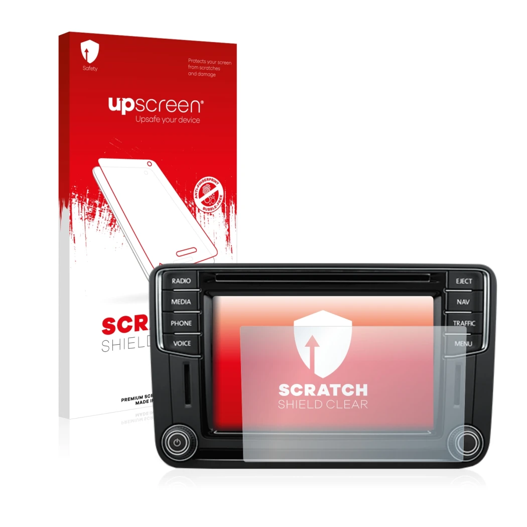 Front side of a product packaging with the brand logo upscreen. Next to it is the device Volkswagen T6 2016 Discover Media Plu