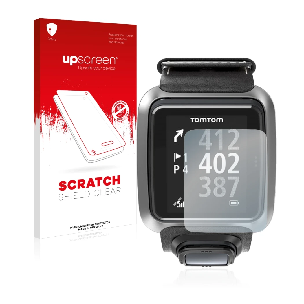 Front side of a product packaging with the brand logo upscreen. Next to it is the device TomTom Golfer 2 shown with the corres