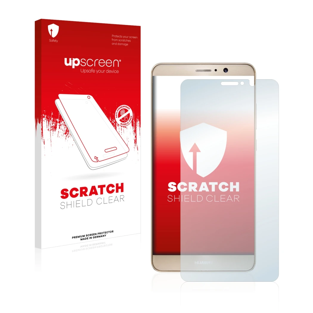 Front side of a product packaging with the brand logo upscreen. Next to it is the device Huawei Mate 9 shown with the correspo