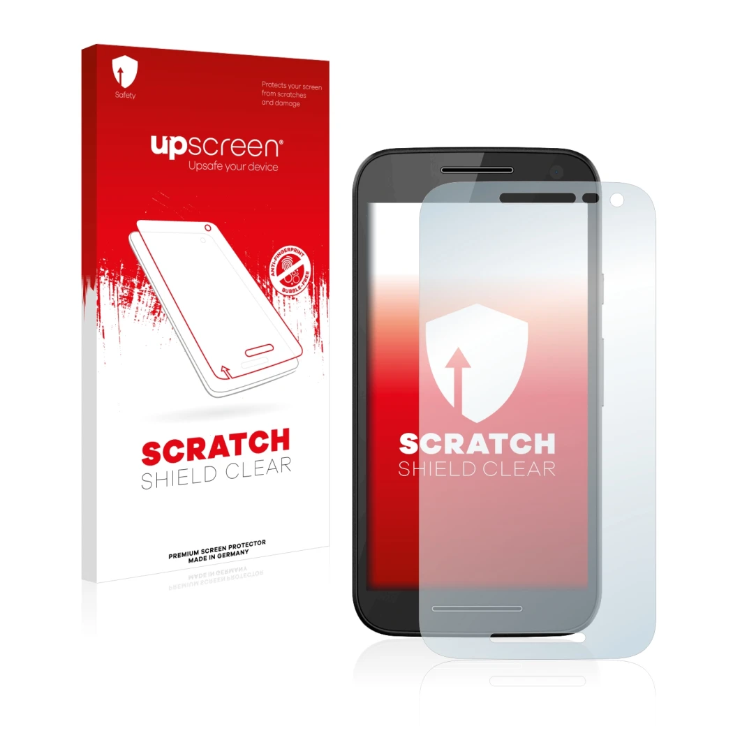 Front side of a product packaging with the brand logo upscreen. Next to it is the device Motorola Moto G3 2015 shown with the