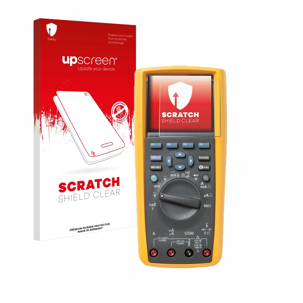 Front side of a product packaging with the brand logo upscreen. Next to it is the device Fluke MultiMeter 289 shown with the c