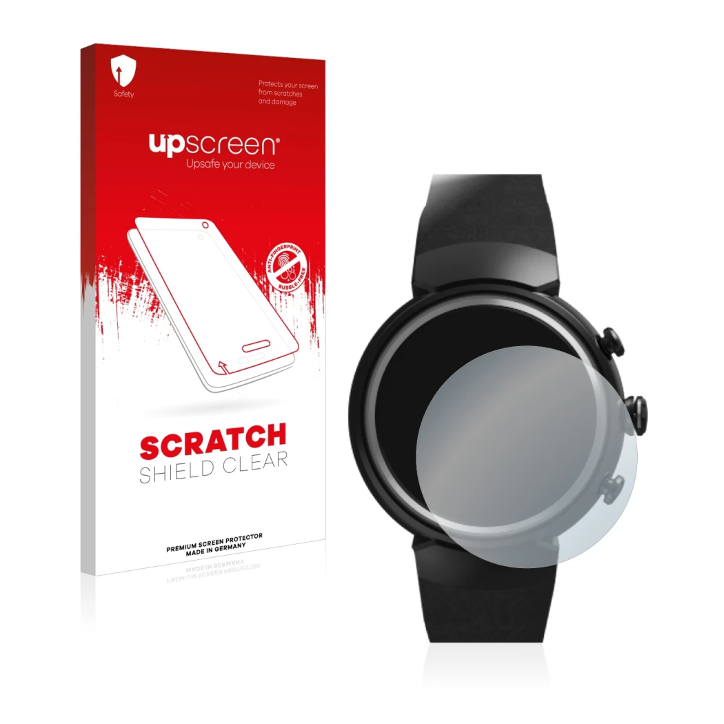 Front side of a product packaging with the brand logo upscreen. Next to it is the device ASUS ZenWatch 3 1.39