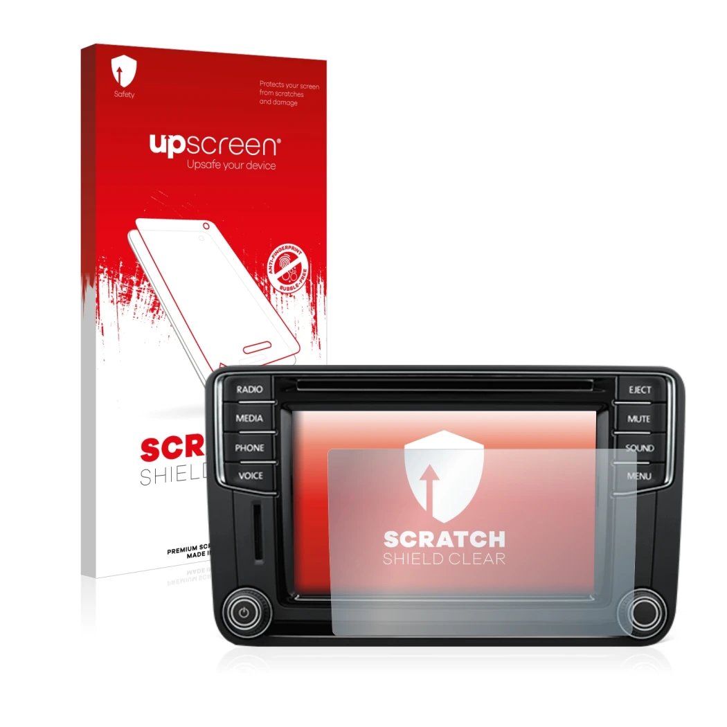 Front side of a product packaging with the brand logo upscreen. Next to it is the device Volkswagen T6 2015 Discover Media Plu