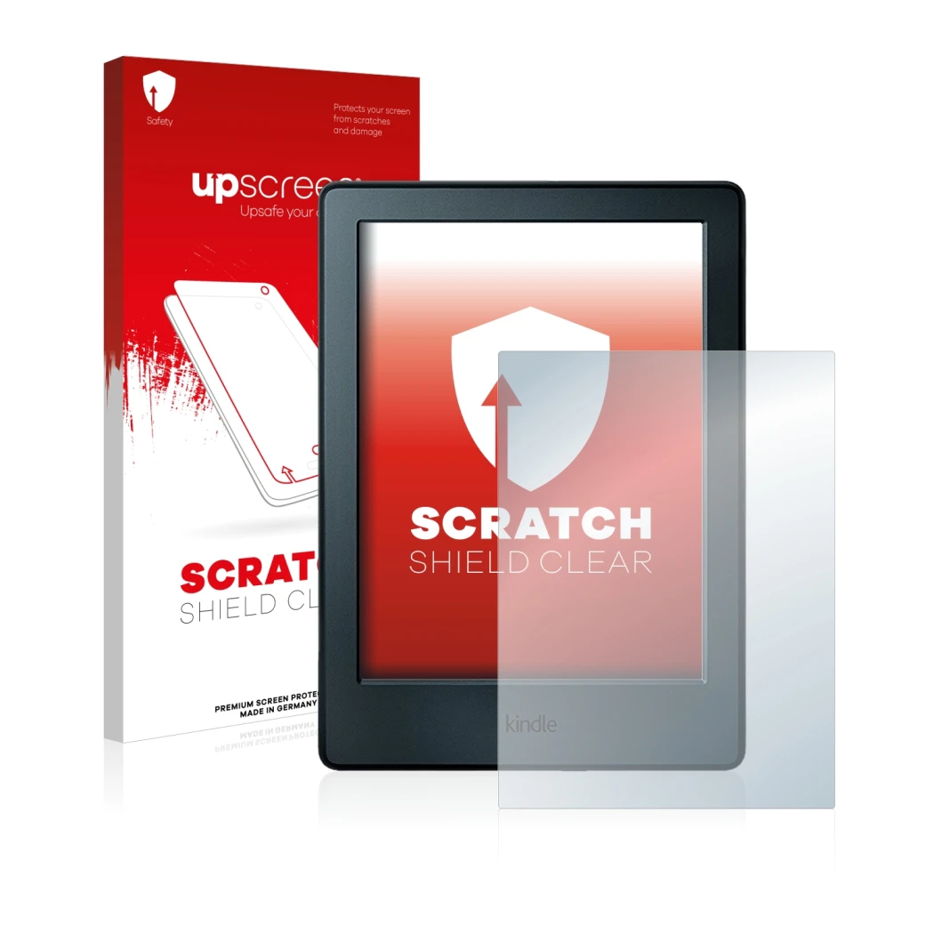 Front side of a product packaging with the brand logo upscreen. Next to it is the device Amazon Kindle 2016 (8th Gen.) shown w