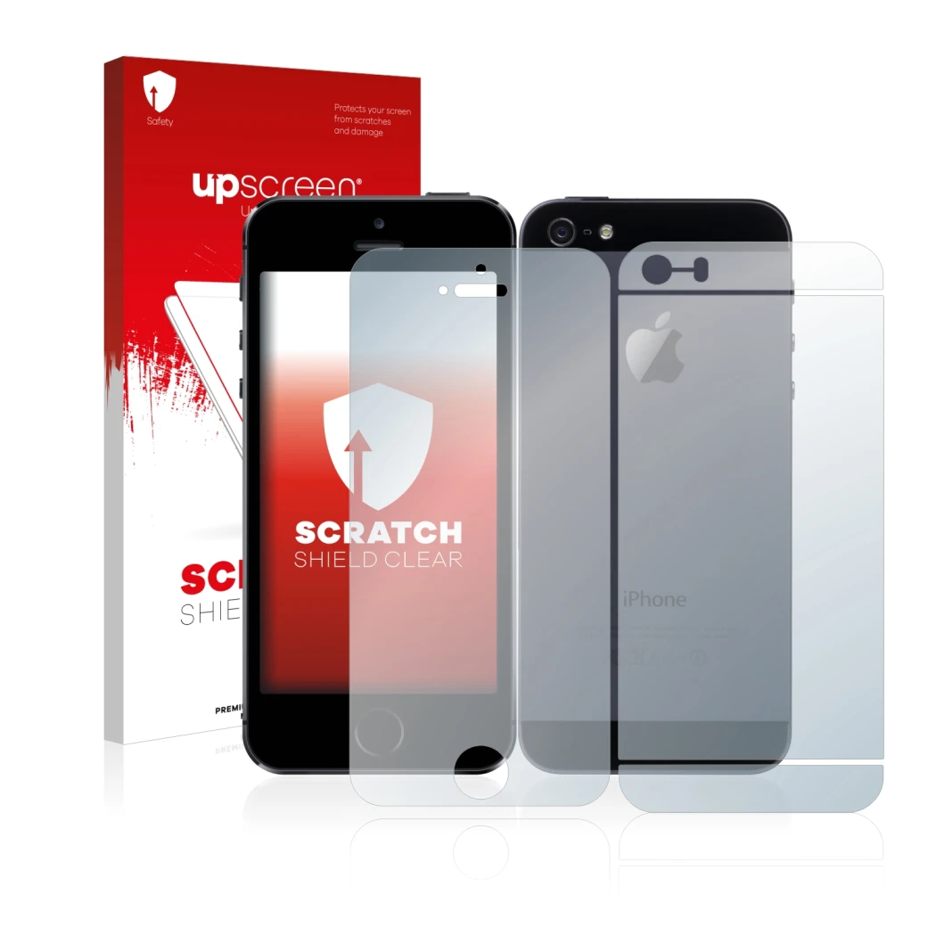 Front side of a product packaging with the brand logo upscreen. Next to it is the device Apple iPhone 5S (Front+Back) shown wi