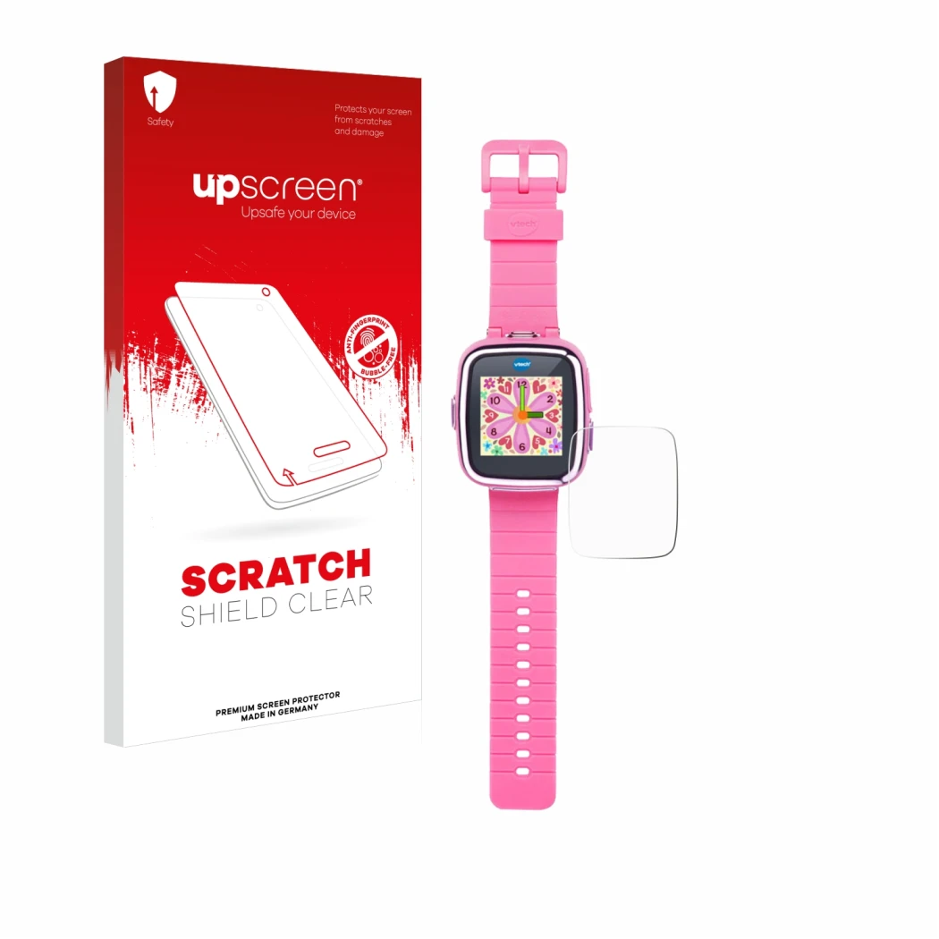 Front side of a product packaging with the brand logo upscreen. Next to it is the device Vtech Kidizoom Smart Watch DX shown w