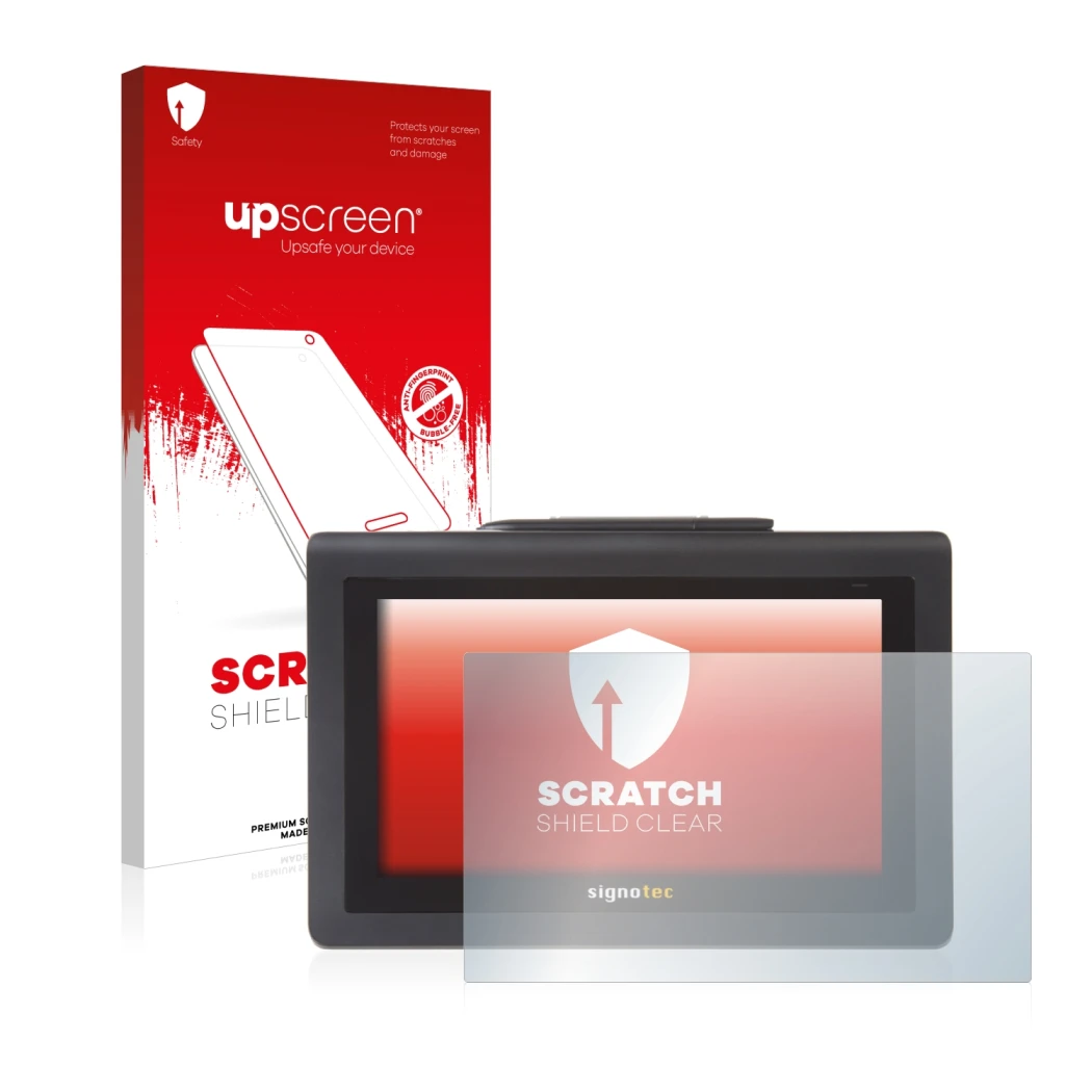 Front side of a product packaging with the brand logo upscreen. Next to it is the device Signotec Signature Pad Delta shown wi