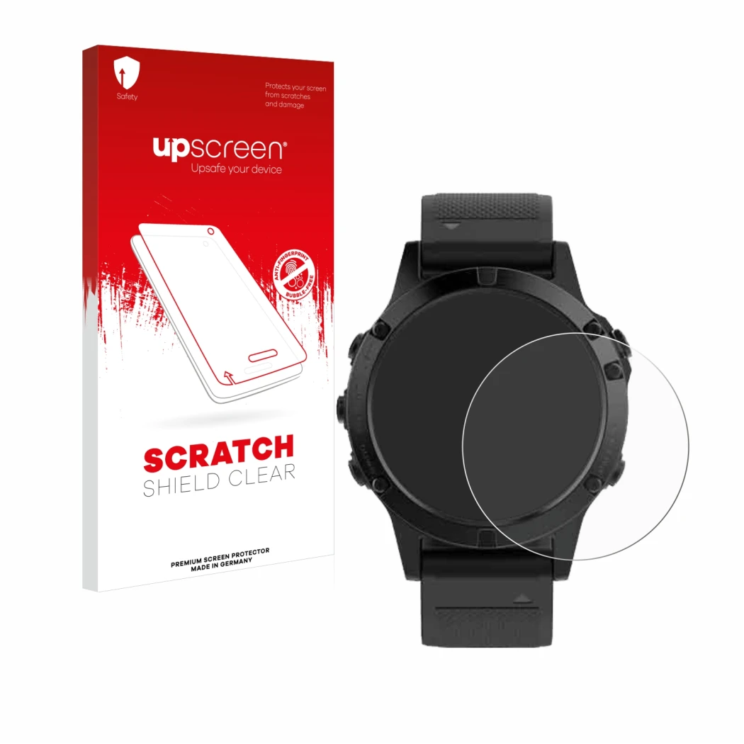 Front side of a product packaging with the brand logo upscreen. Next to it is the device Garmin Fenix 5 (47 mm) shown with the