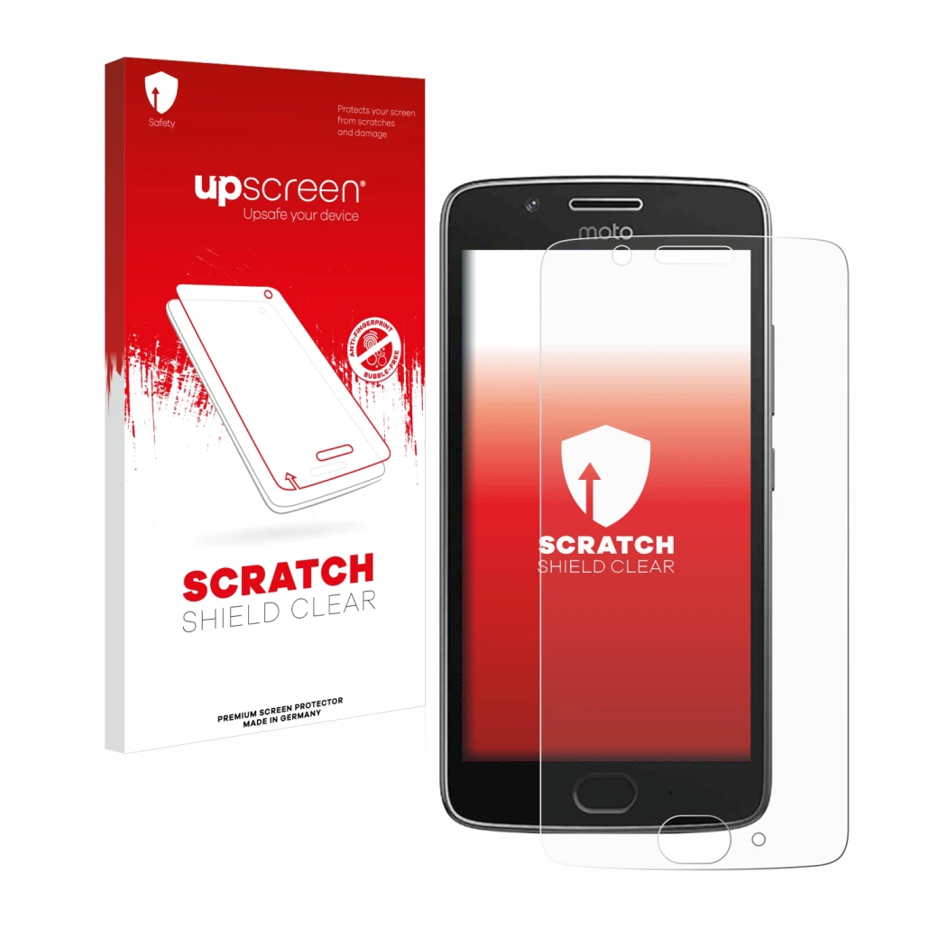 Front side of a product packaging with the brand logo upscreen. Next to it is the device Motorola Moto G5 shown with the corre