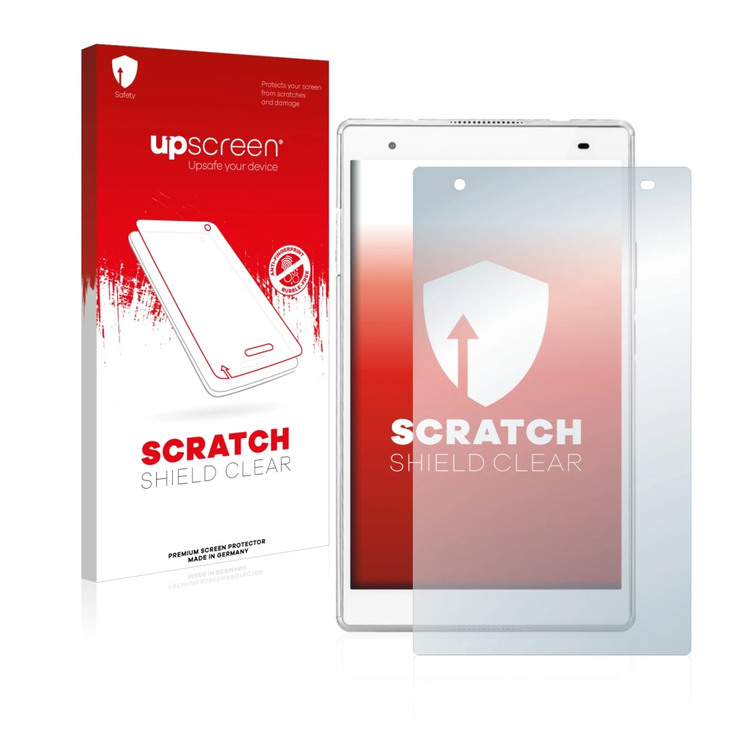 Front side of a product packaging with the brand logo upscreen. Next to it is the device Lenovo Tab 4 8 Plus shown with the co