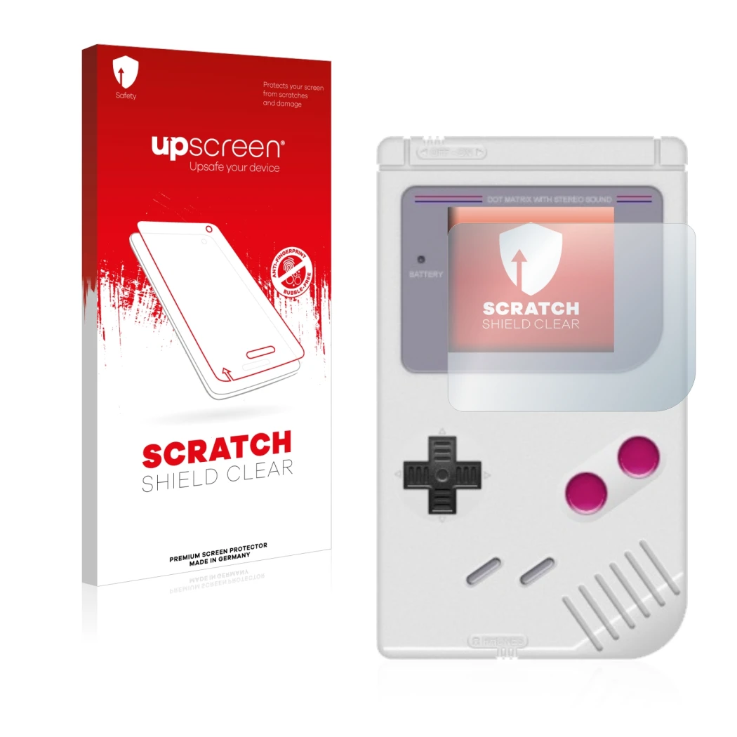 Front side of a product packaging with the brand logo upscreen. Next to it is the device Nintendo Gameboy (1989) shown with th