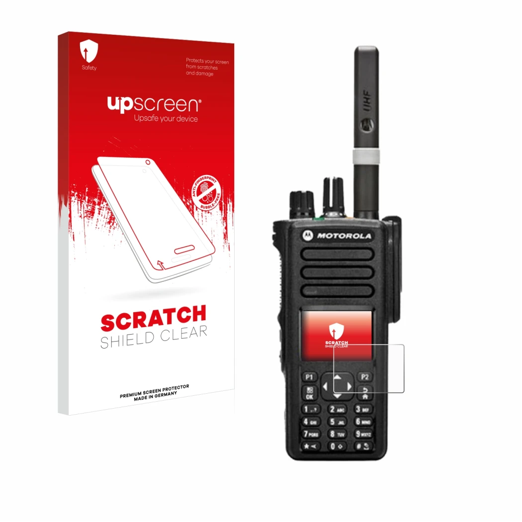 Front side of a product packaging with the brand logo upscreen. Next to it is the device Motorola DP4800 shown with the corres