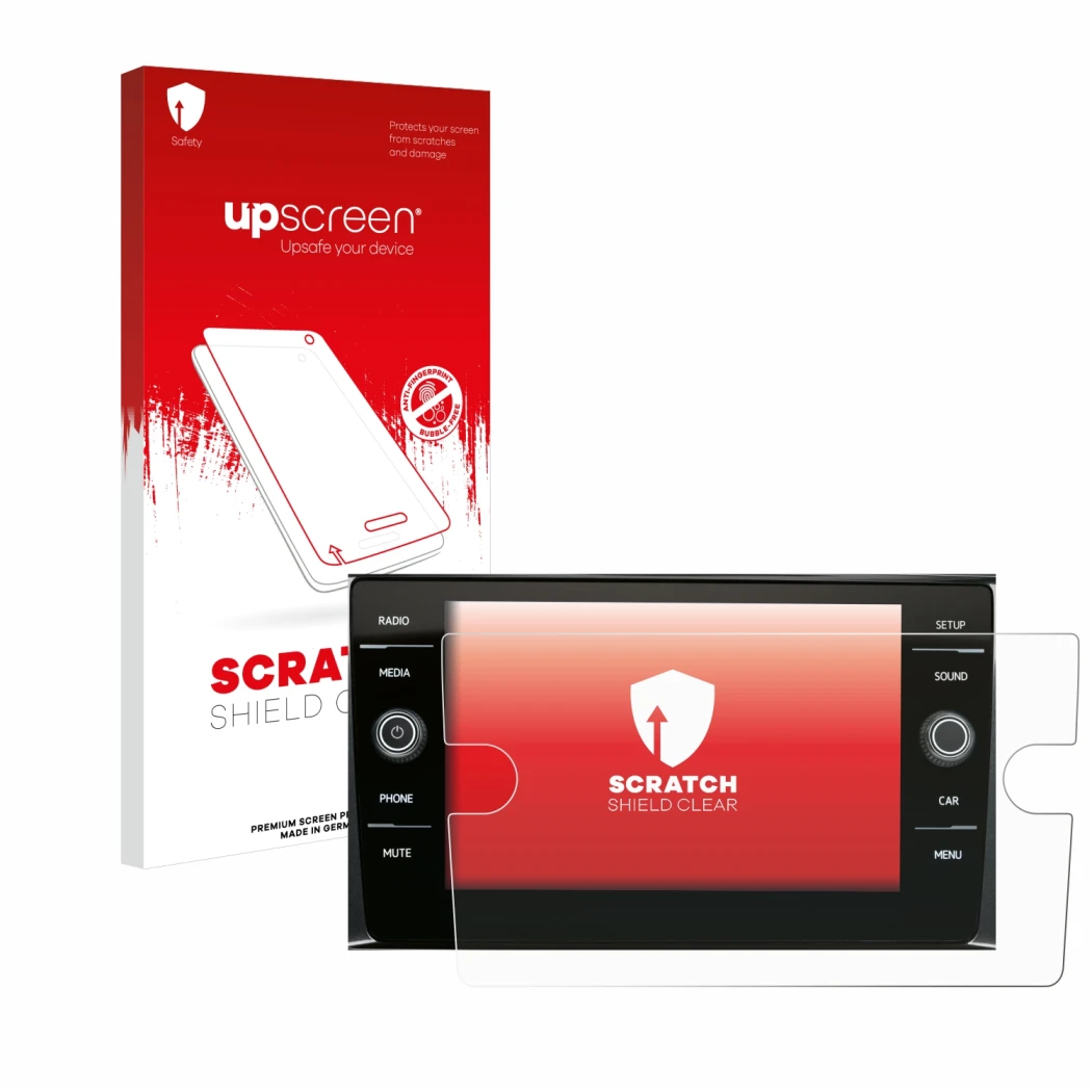 Front side of a product packaging with the brand logo upscreen. Next to it is the device Volkswagen Composition Media 2017 sho