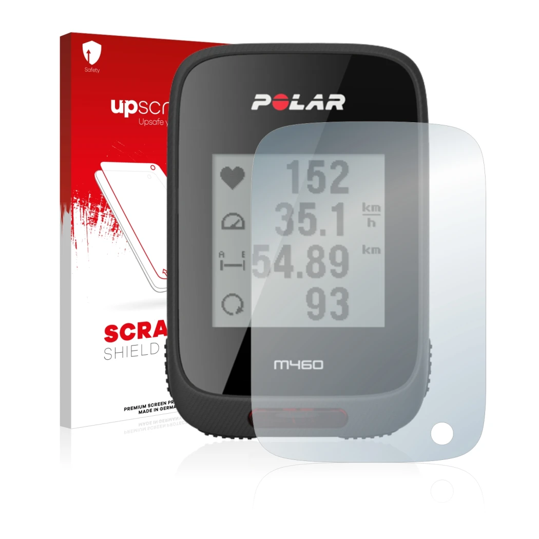 Front side of a product packaging with the brand logo upscreen. Next to it is the device Polar M460 shown with the correspondi