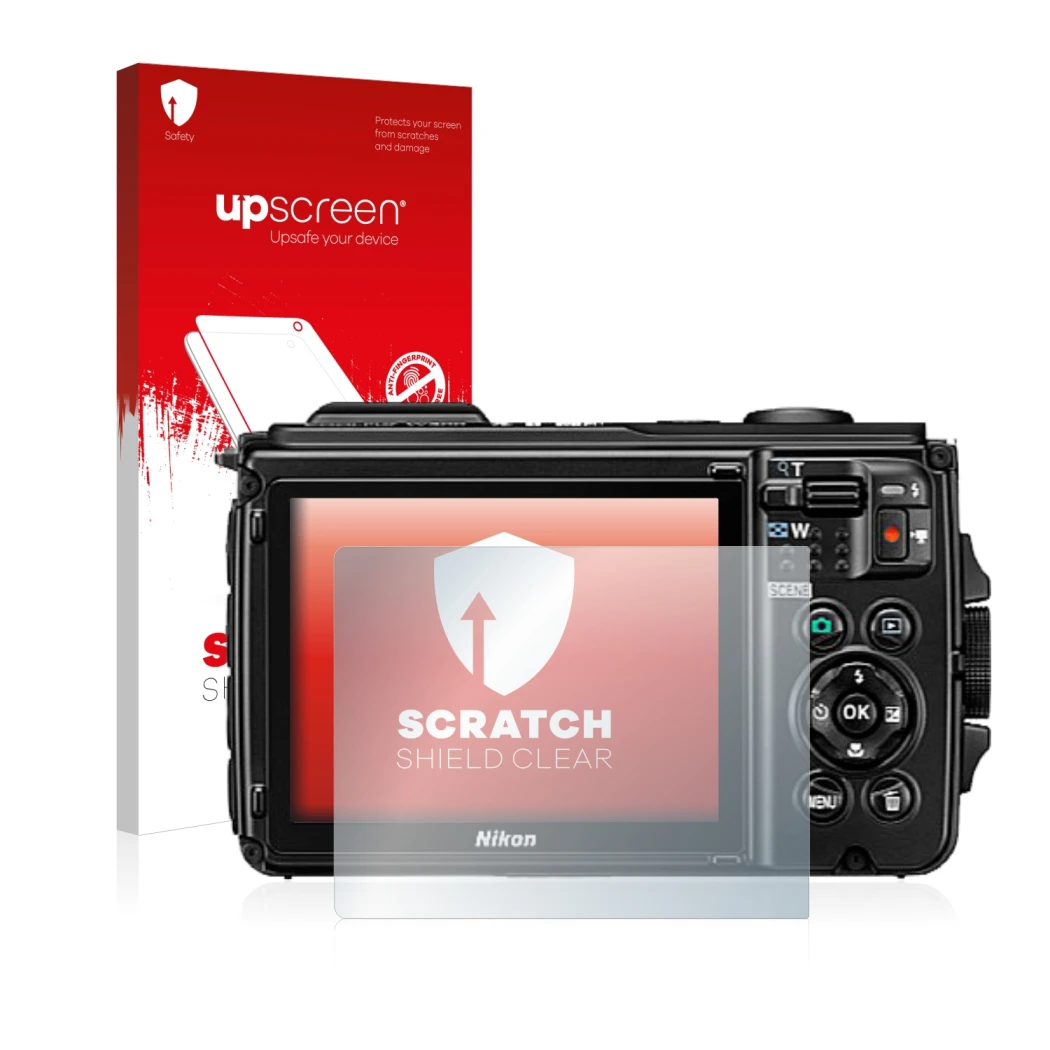 Front side of a product packaging with the brand logo upscreen. Next to it is the device Nikon Coolpix W300 shown with the cor
