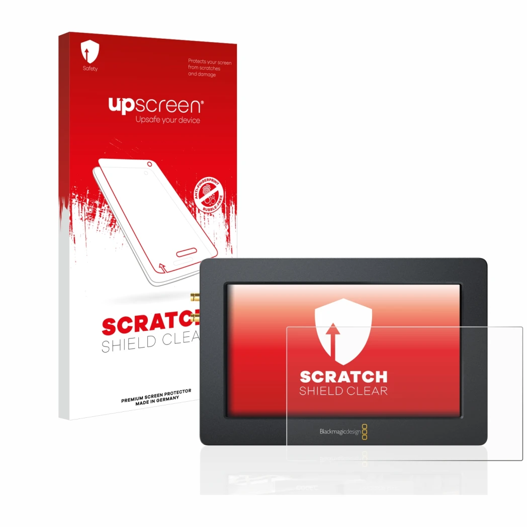 Front side of a product packaging with the brand logo upscreen. Next to it is the device Blackmagic Design Video Assist (5.0) 