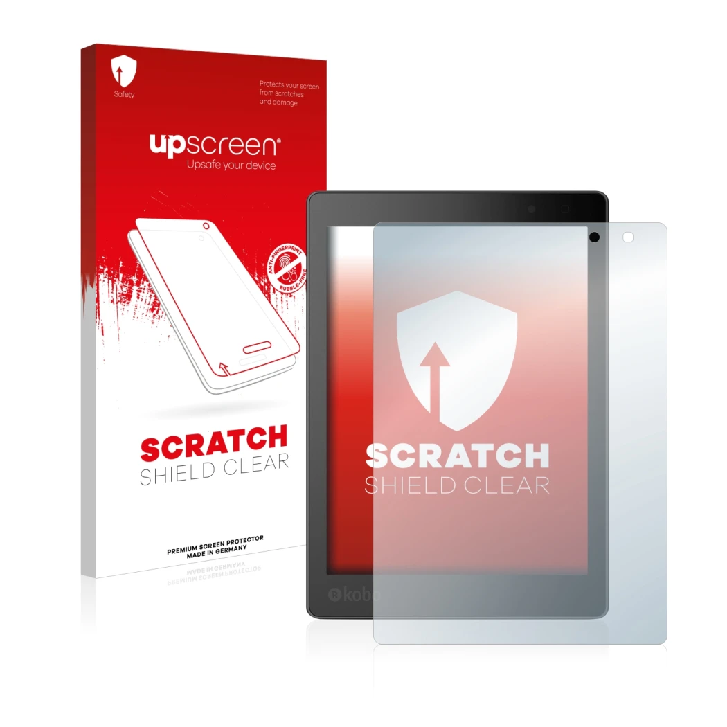 Front side of a product packaging with the brand logo upscreen. Next to it is the device Kobo Aura One shown with the correspo