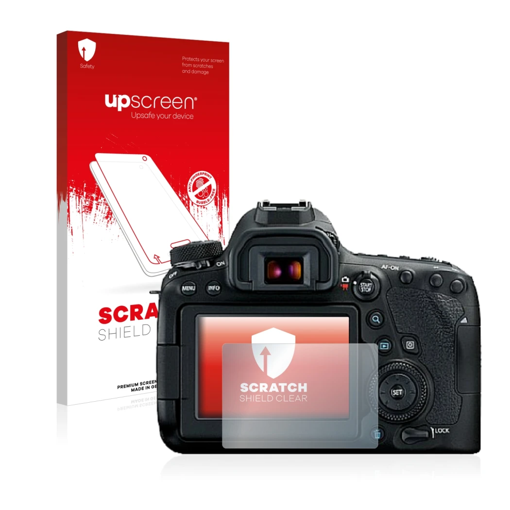 Front side of a product packaging with the brand logo upscreen. Next to it is the device Canon EOS 6D Mark II shown with the c