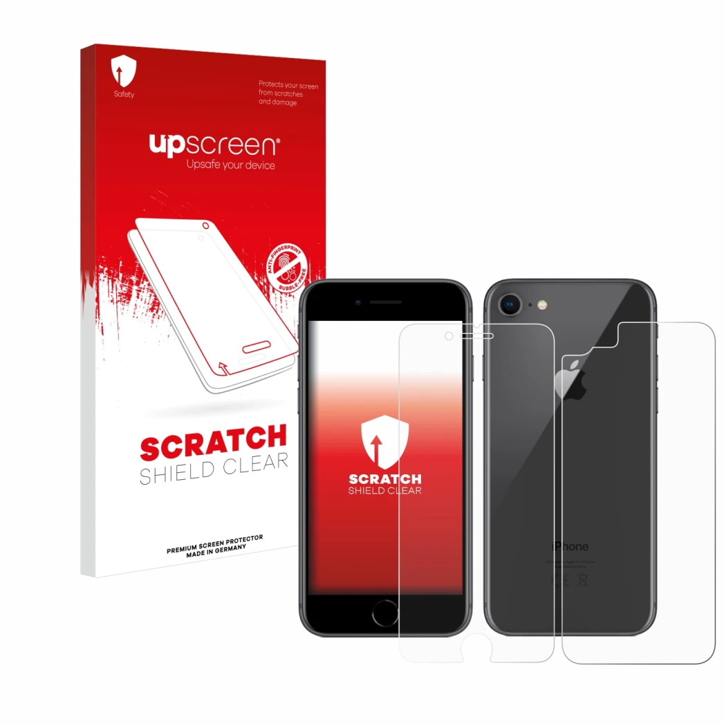 Front side of a product packaging with the brand logo upscreen. Next to it is the device Apple iPhone 8 (Front+Back) shown wit