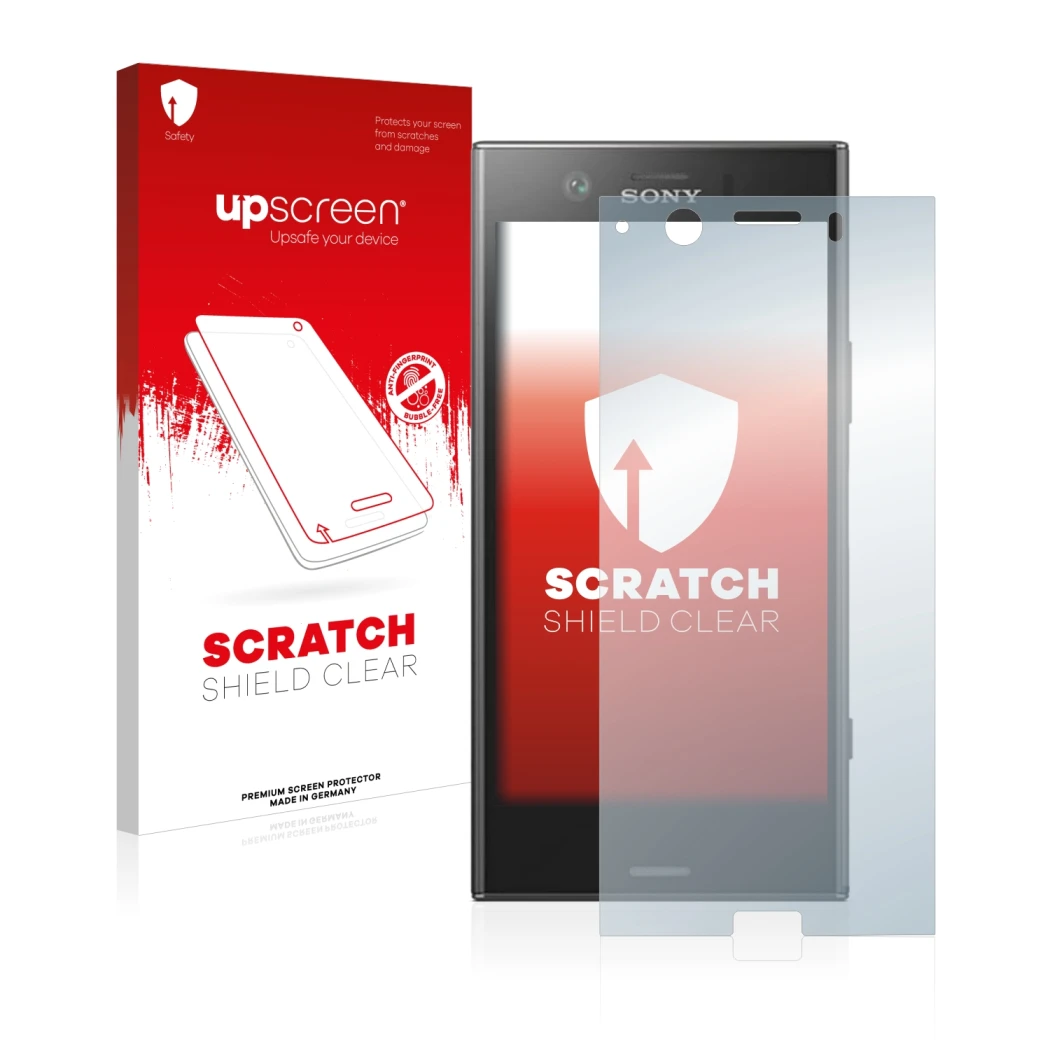 Front side of a product packaging with the brand logo upscreen. Next to it is the device Sony Xperia XZ1 Compact shown with th