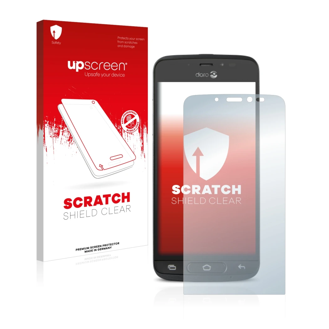 Front side of a product packaging with the brand logo upscreen. Next to it is the device Doro 8040 shown with the correspondin