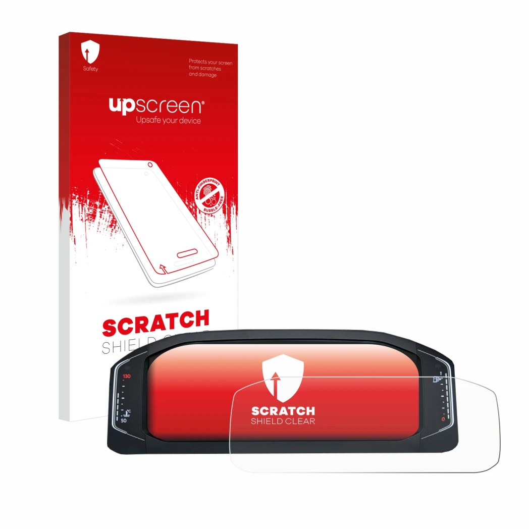 Front side of a product packaging with the brand logo upscreen. Next to it is the device Volkswagen Active Info Display T-Roc